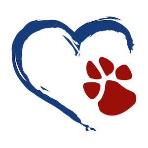 Home with dignity logo - blue heart with red paw print inside